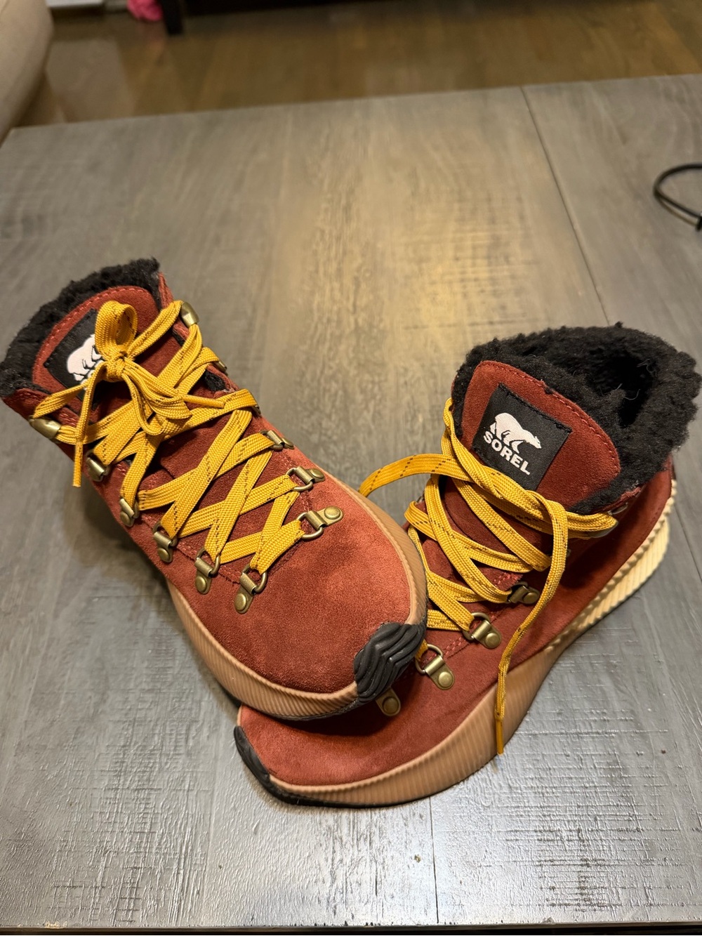 Sorel Women's Rust Suede Winter Boots with Yellow Laces